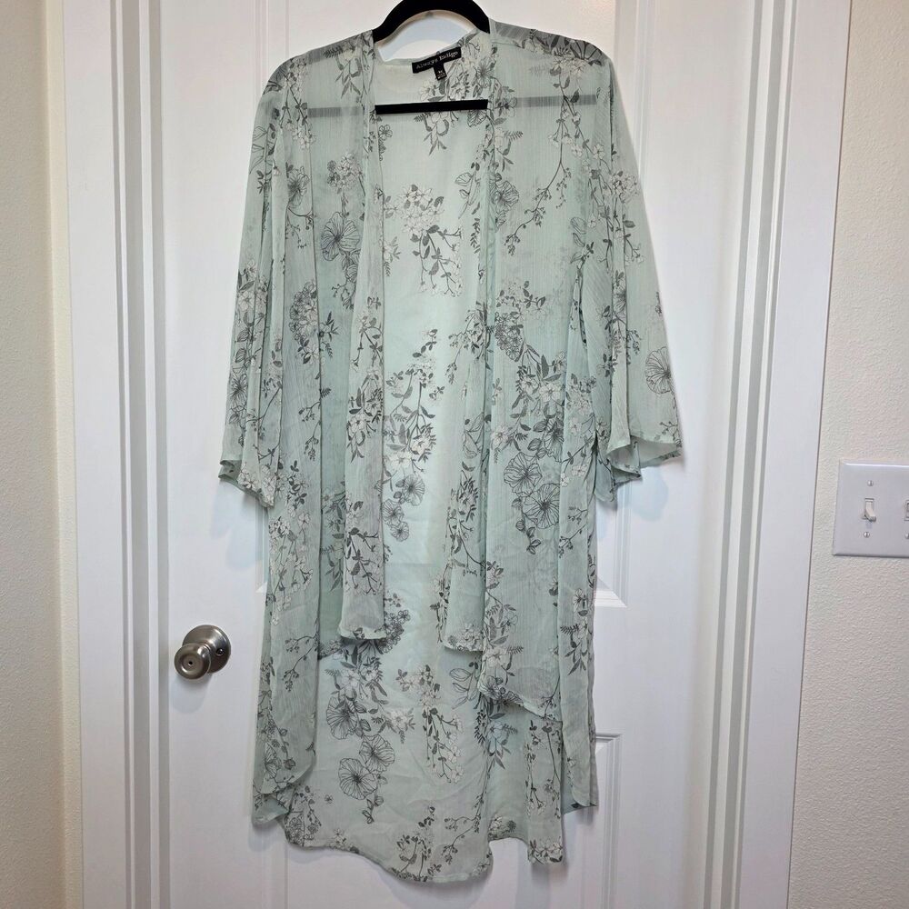 Always Indigo Seafoam Green 3X Duster Cardigan Kimono Lightweight Sheer